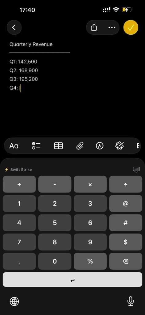 NumPad Pro keyboard open inside the iPhone Notes app