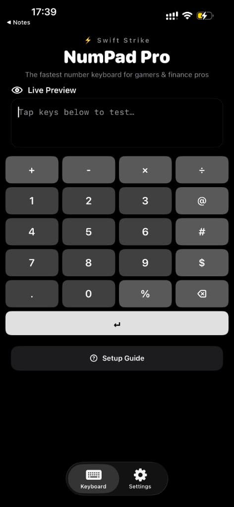 NumPad Pro companion app showing the live keypad preview