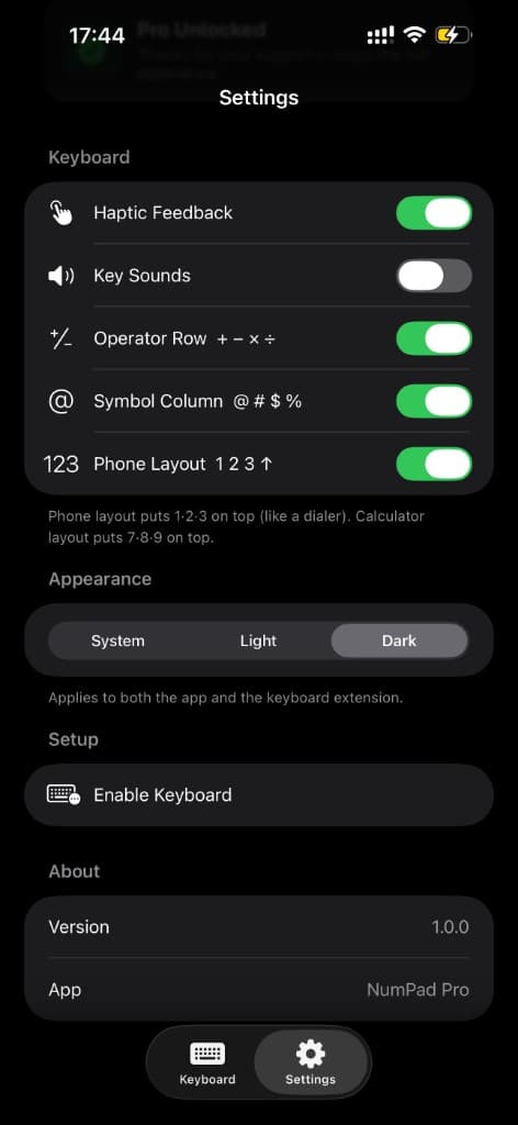 NumPad Pro settings screen with haptics, sounds, layout, and appearance toggles