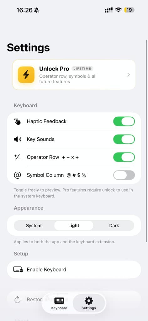 NumPad Pro Settings screen with Enable Keyboard and appearance controls